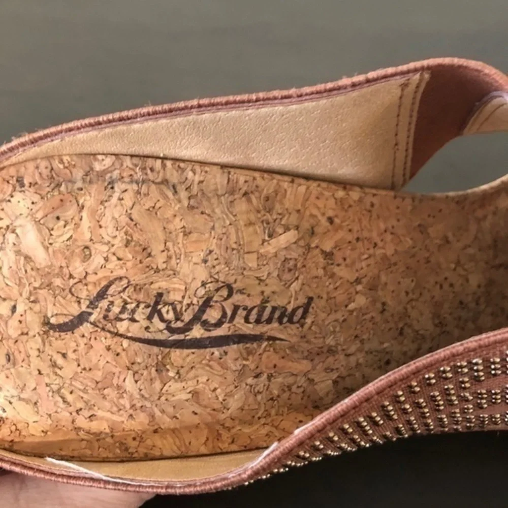 Lucky Brand Miller Brown Fabric Studs Cork Wedges